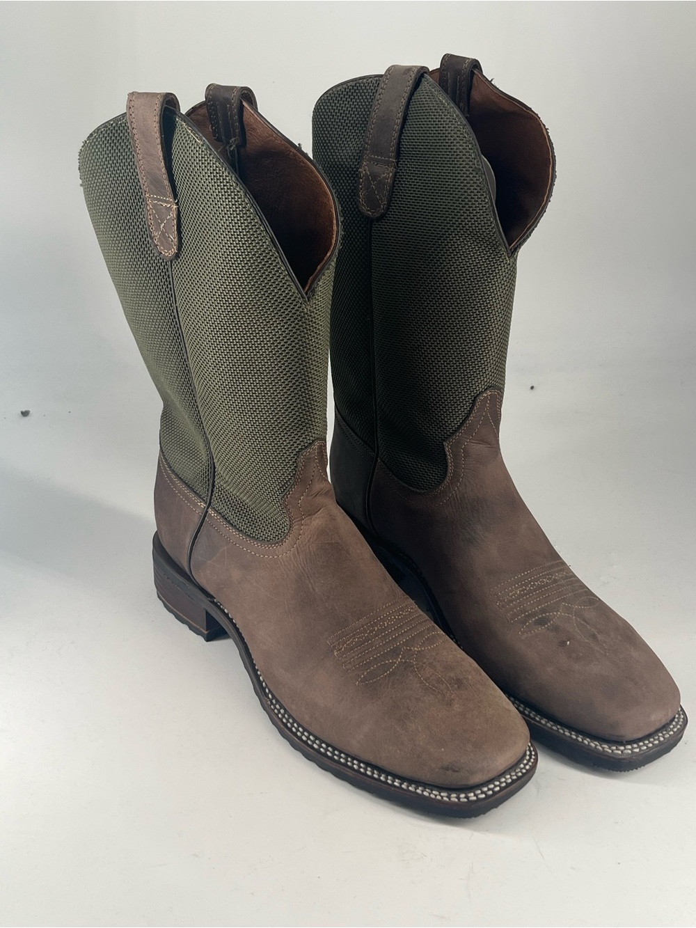 Circle G Brown Leather & Olive Fabric Western Work Boots